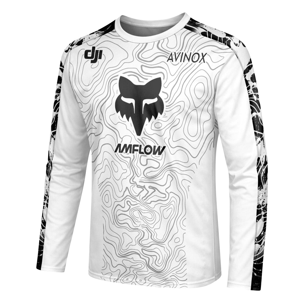 AMFLOW Fox Black White Topographic Long Sleeve Mountain Bike Jersey - left side mockup