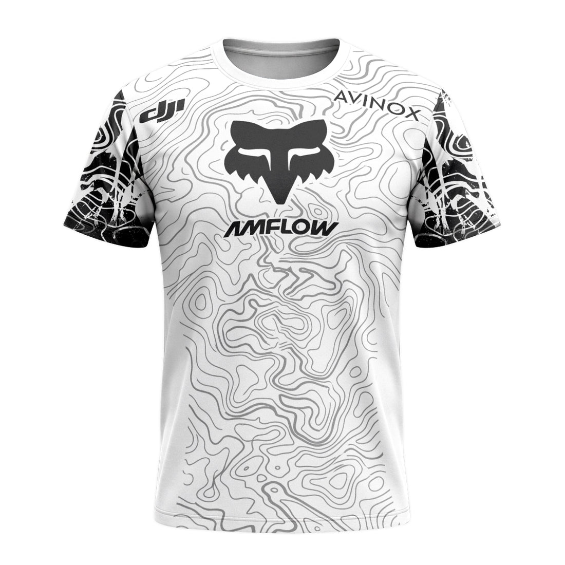 AMFLOW Fox Black White Topographic Short Sleeve Mountain Bike Jersey - front and back view