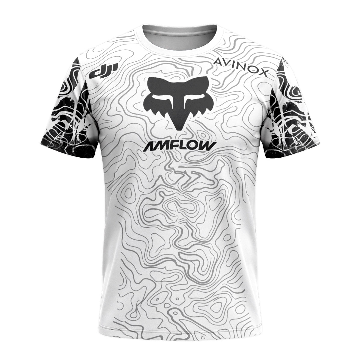 AMFLOW Fox Black White Topographic Short Sleeve Mountain Bike Jersey - front view mockup
