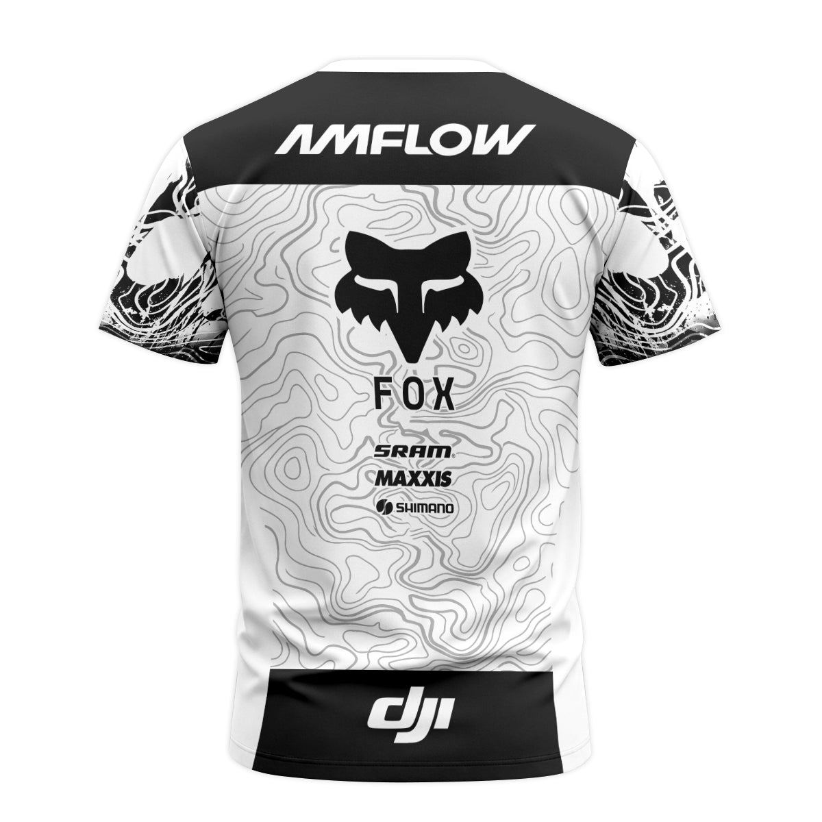 AMFLOW Fox Black White Topographic Short Sleeve Mountain Bike Jersey - back view mockup