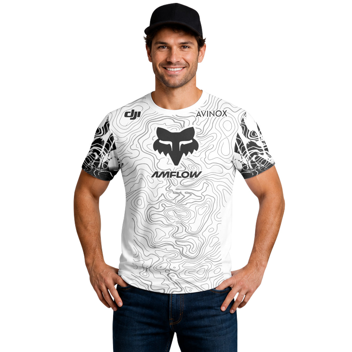 AMFLOW Fox Black White Topographic Short Sleeve Mountain Bike Jersey - lifestyle view