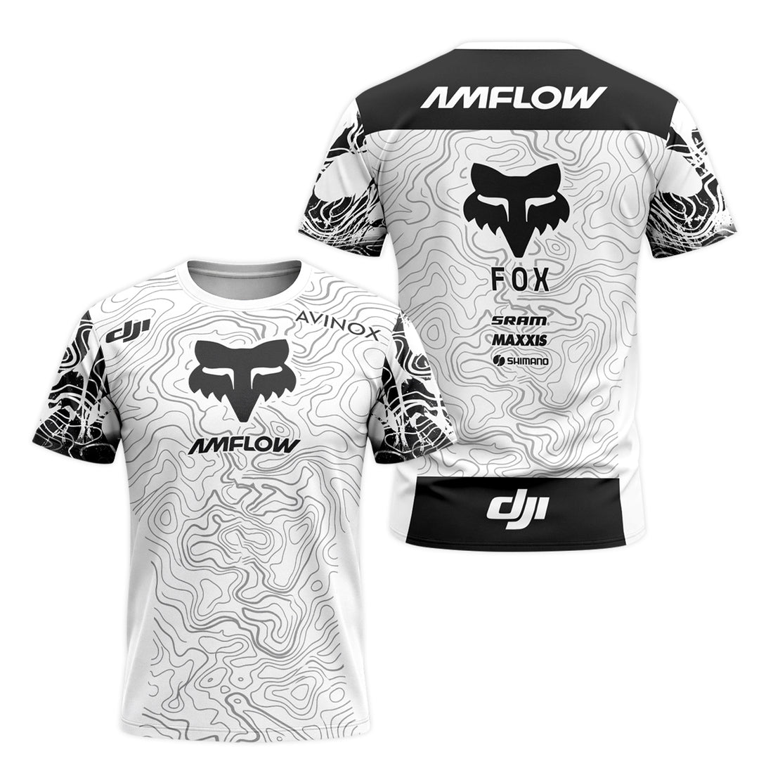 AMFLOW Fox Black White Topographic Short Sleeve Mountain Bike Jersey - front and back view