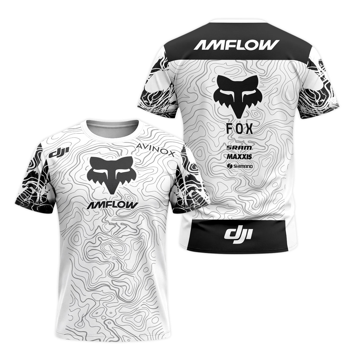 AMFLOW Fox Black White Topographic Short Sleeve Mountain Bike Jersey - front and back view