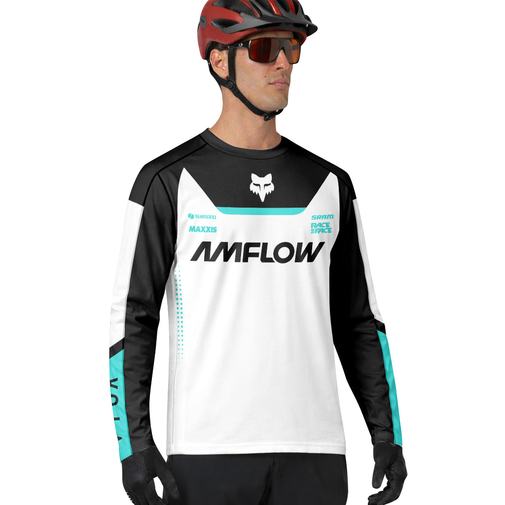 AMFlow Fox White Black Aqua Long Sleeve Mountain Bike Jersey - lifestyle view