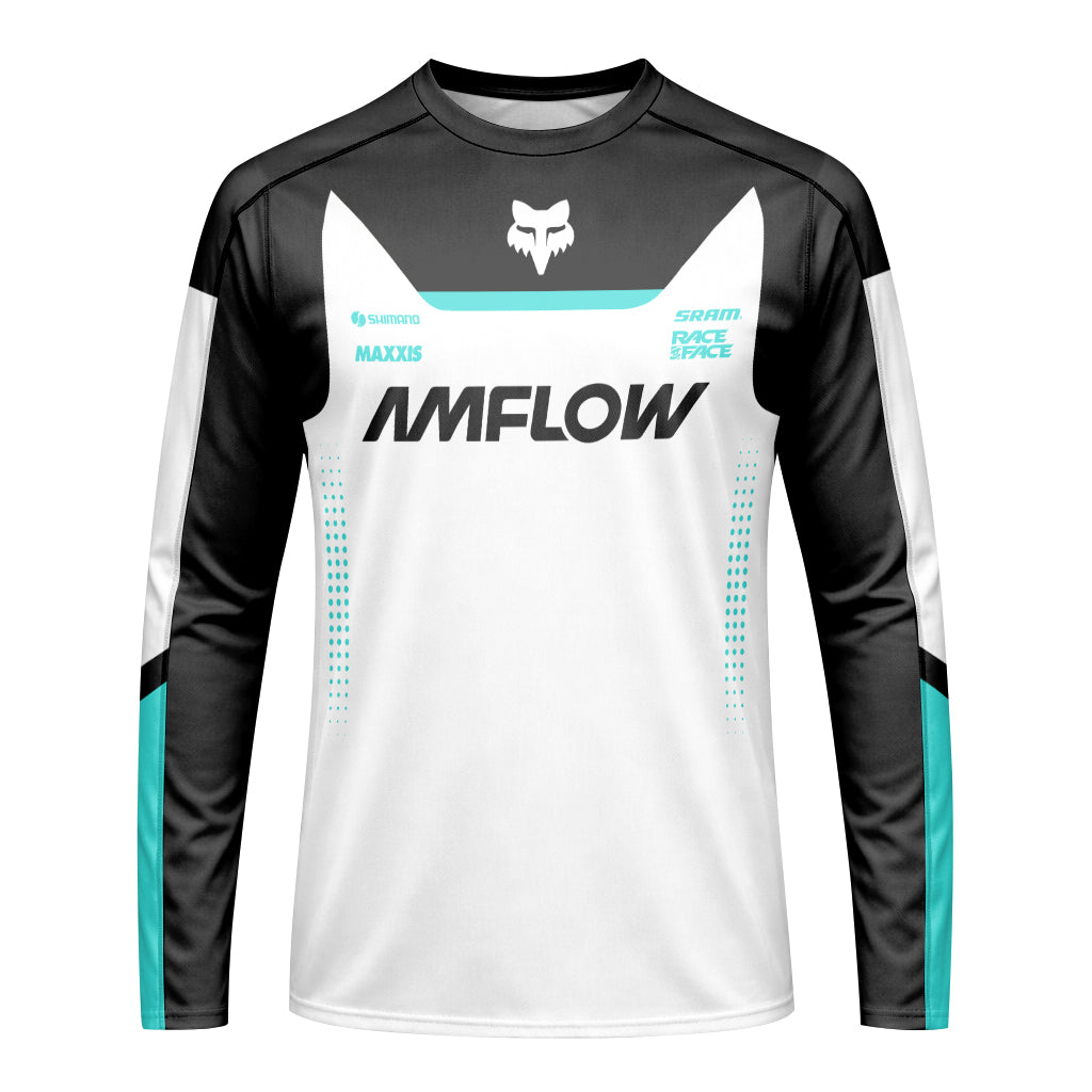 AMFlow Fox White Black Aqua Long Sleeve Mountain Bike Jersey - front view mockup