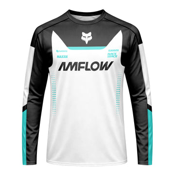 AMFlow Fox White Black Aqua Long Sleeve Mountain Bike Jersey - front view mockup