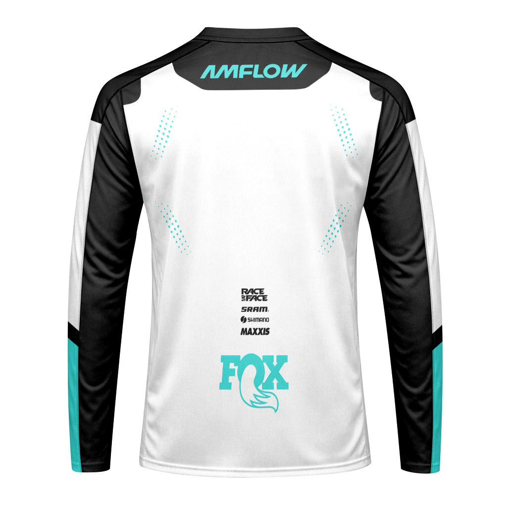 AMFlow Fox White Black Aqua Long Sleeve Mountain Bike Jersey - back view mockup