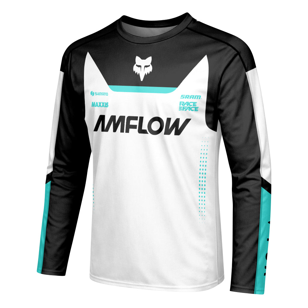 AMFlow Fox White Black Aqua Long Sleeve Mountain Bike Jersey - left side mockup