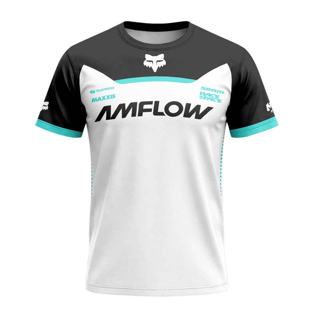 AMFlow Fox White Black Aqua Short Sleeve Mountain Bike Jersey - front and back view