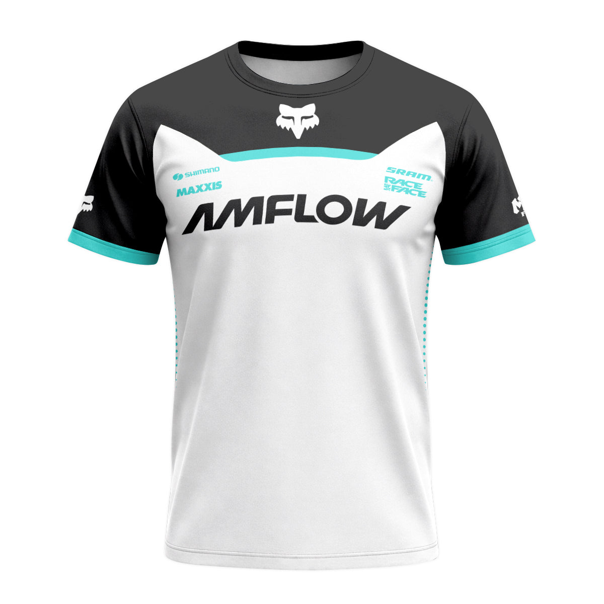AMFlow Fox White Black Aqua Short Sleeve Mountain Bike Jersey - front view mockup