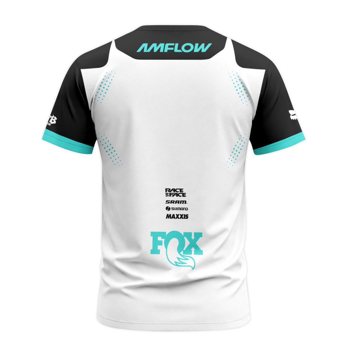 AMFlow Fox White Black Aqua Short Sleeve Mountain Bike Jersey - back view mockup