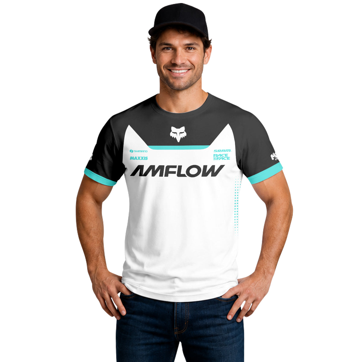 AMFlow Fox White Black Aqua Short Sleeve Mountain Bike Jersey - lifestyle view