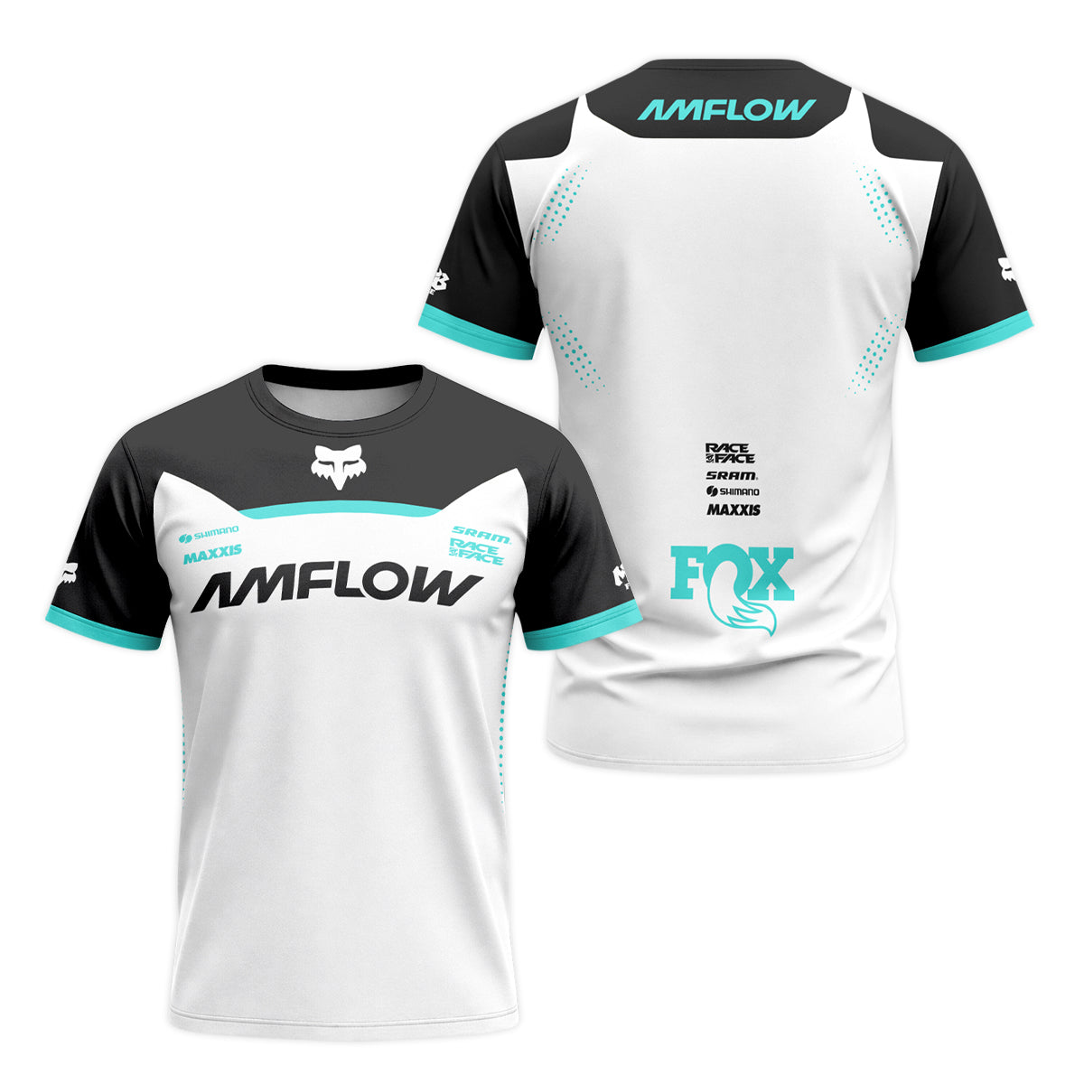 AMFlow Fox White Black Aqua Short Sleeve Mountain Bike Jersey - front and back view