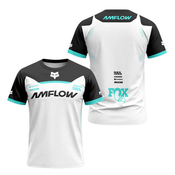 AMFlow Fox White Black Aqua Short Sleeve Mountain Bike Jersey - front and back view