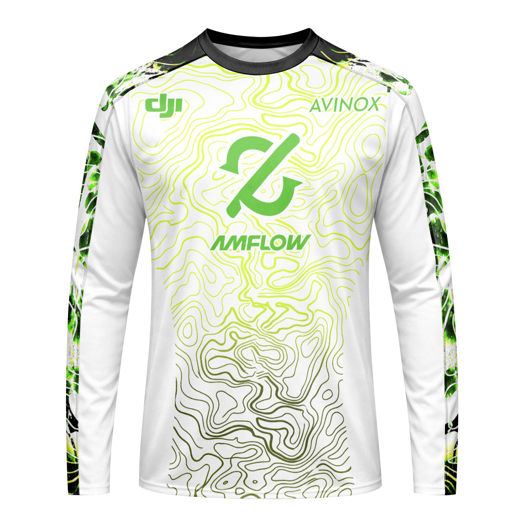 AMFlow MTB White Neon Green Topographic Long Sleeve Mountain Bike Jersey