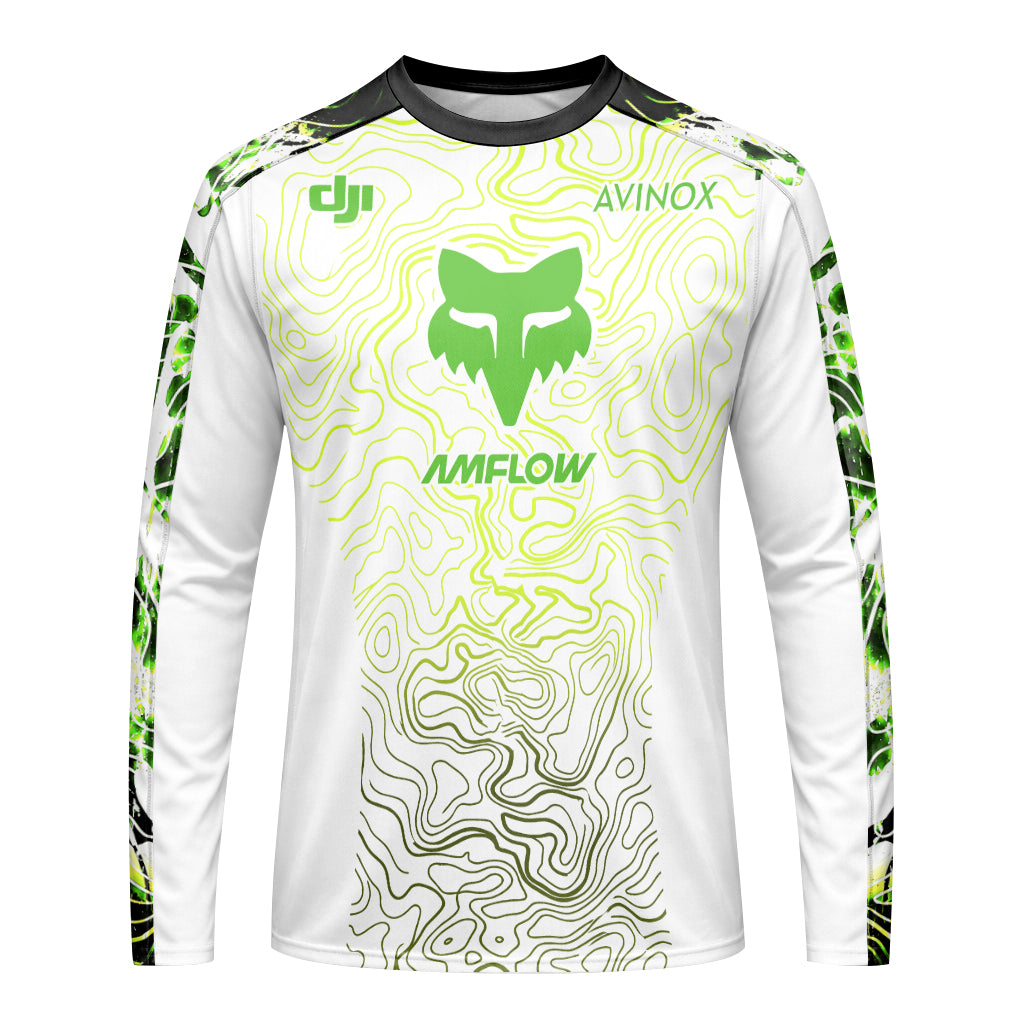 AMFlow Fox White Neon Green Topographic Long Sleeve Mountain Bike Jersey - front view mockup