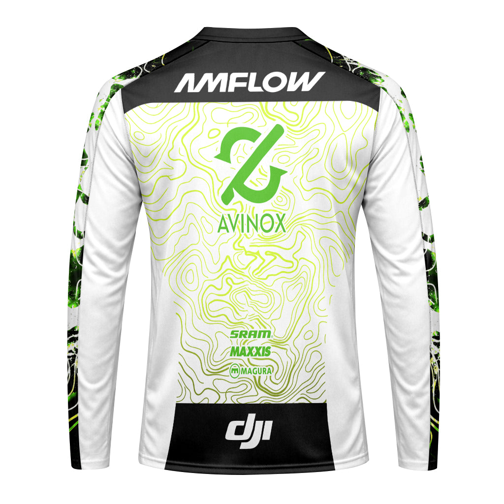 AMFlow MTB White Neon Green Topographic Long Sleeve Mountain Bike Jersey