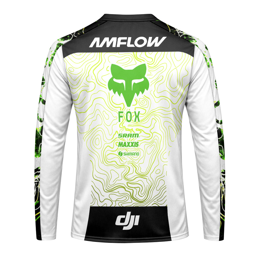 AMFlow Fox White Neon Green Topographic Long Sleeve Mountain Bike Jersey - front view mockup
