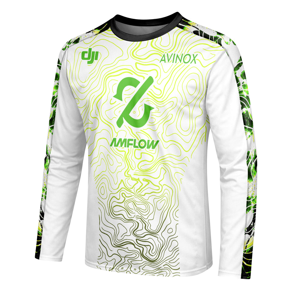 AMFlow MTB White Neon Green Topographic Long Sleeve Mountain Bike Jersey
