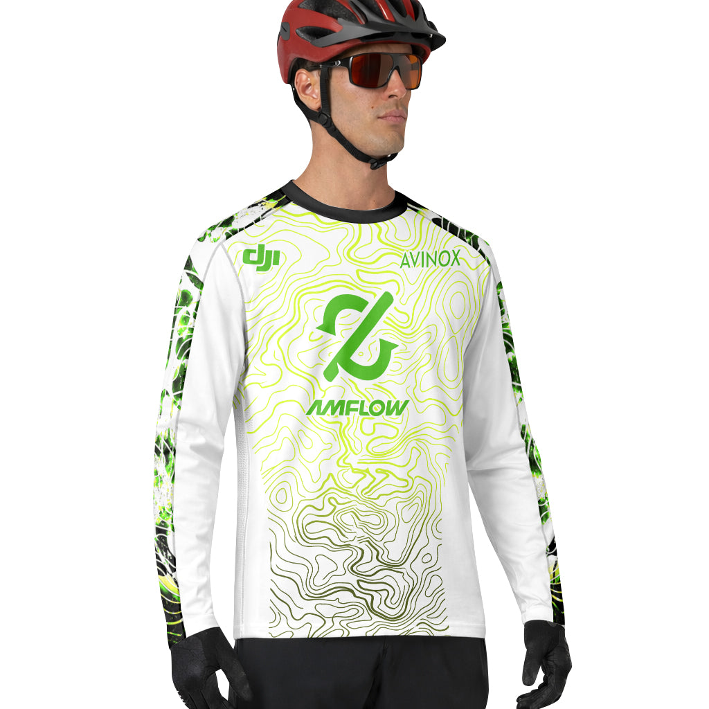 AMFlow MTB White Neon Green Topographic Long Sleeve Mountain Bike Jersey