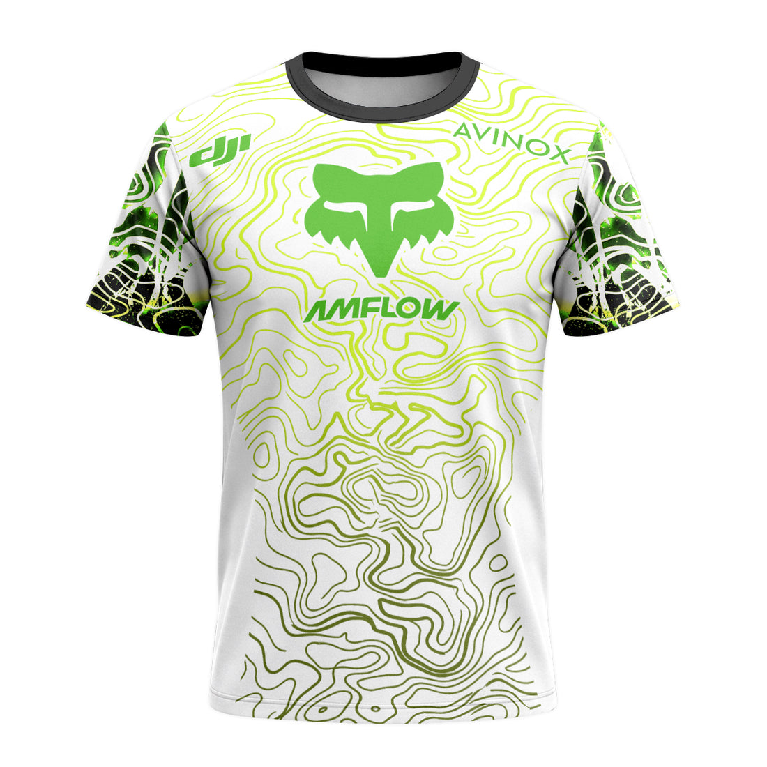 AMFlow Fox White Neon Green Topographic Short Sleeve Mountain Bike Jersey - front and back view