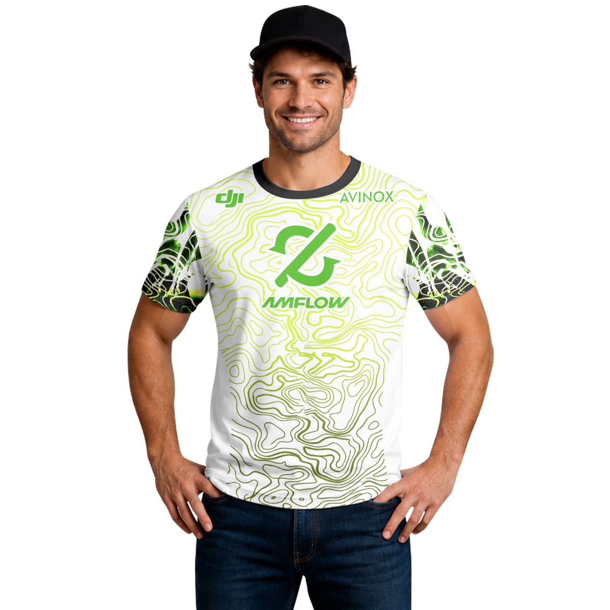 AMFlow MTB White Neon Green Topographic Short Sleeve Mountain Bike Jersey