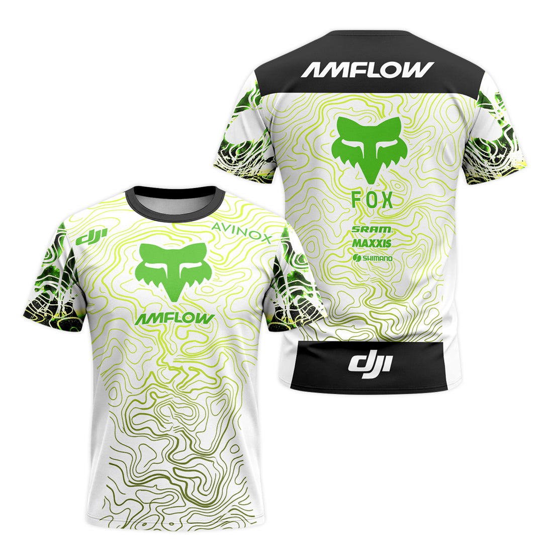 AMFlow Fox White Neon Green Topographic Short Sleeve Mountain Bike Jersey - front and back view