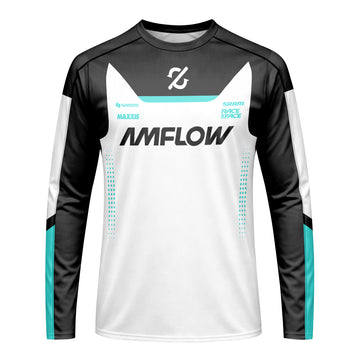 AMFlow MTB White Black Aqua Long Sleeve Mountain Bike Jersey – Front View Mockup