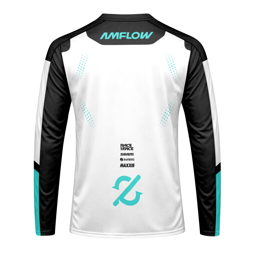 AMFlow MTB White Black Aqua Long Sleeve Mountain Bike Jersey – Front View Mockup