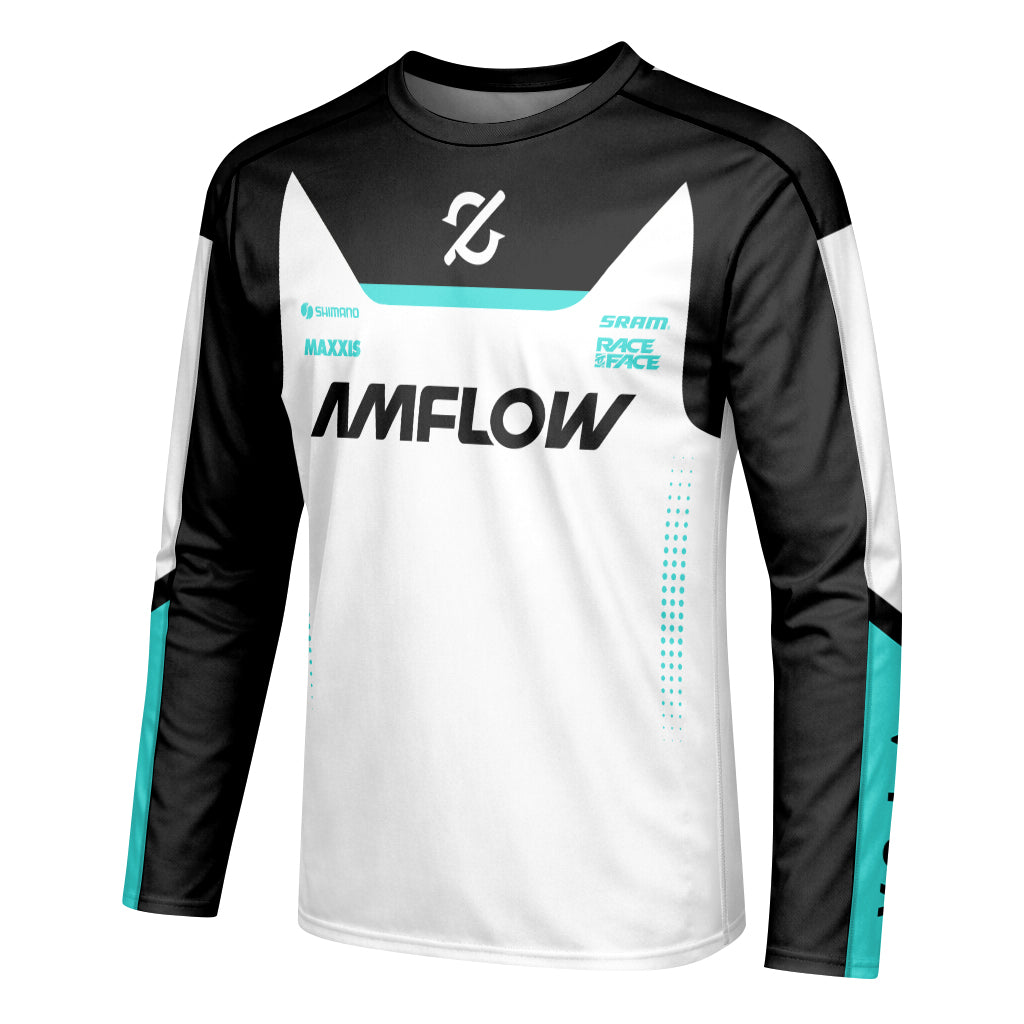 AMFlow MTB White Black Aqua Long Sleeve Mountain Bike Jersey – Left Side View Mockup