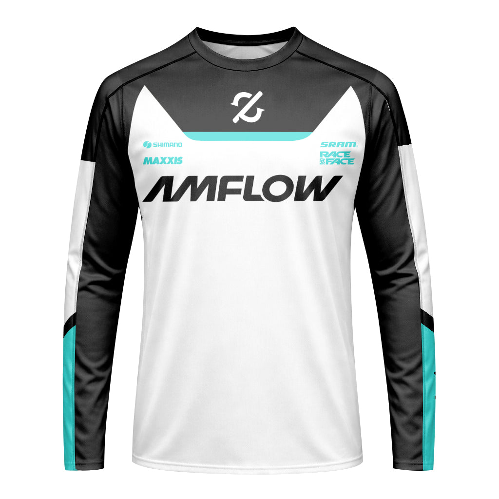 AMFlow MTB White Black Aqua Youth Long Sleeve Mountain Bike Jersey – Front View Mockup
