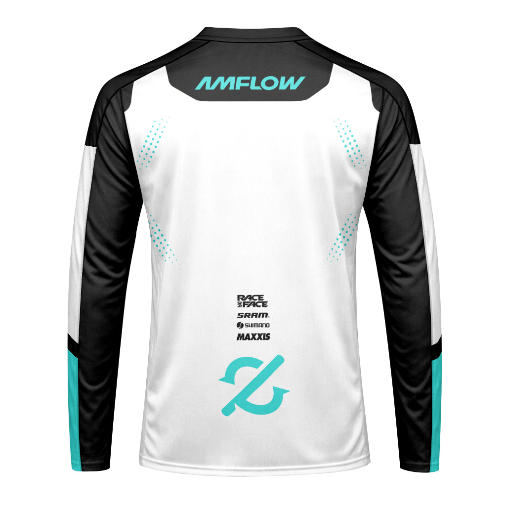 AMFlow MTB White Black Aqua Youth Long Sleeve Mountain Bike Jersey – Back View Mockup