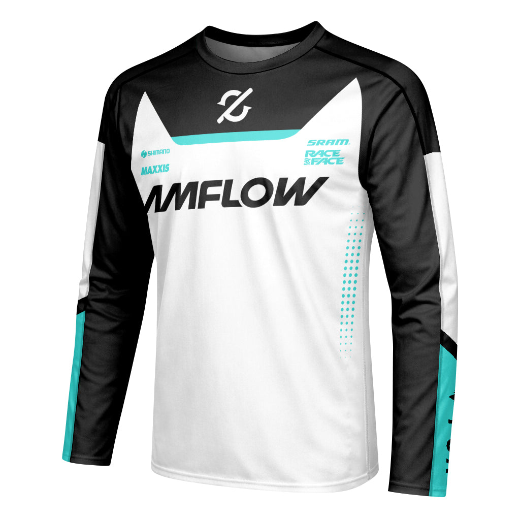 AMFlow MTB White Black Aqua Youth Long Sleeve Mountain Bike Jersey – Left Side View Mockup