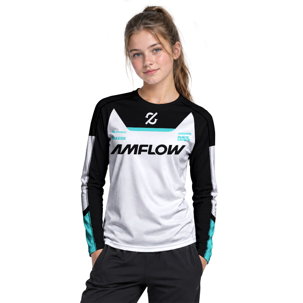 AMFlow MTB White Black Aqua Youth Long Sleeve Mountain Bike Jersey – Girl Lifestyle View