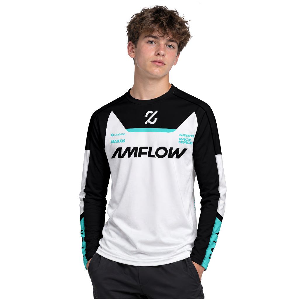 AMFlow MTB White Black Aqua Youth Long Sleeve Mountain Bike Jersey – Boy Lifestyle View