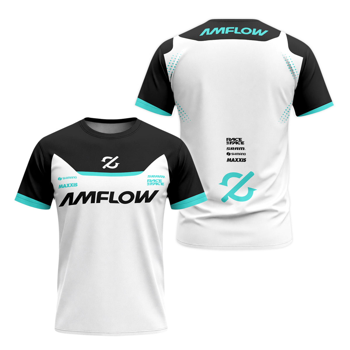 AMFlow MTB White Black Aqua Youth Short Sleeve Mountain Bike Jersey – Front and Back View