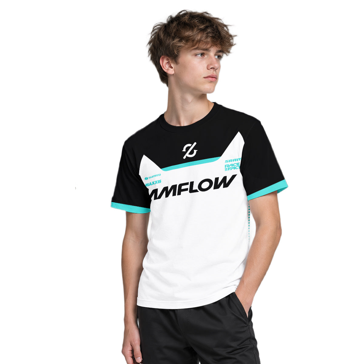AMFlow MTB White Black Aqua Youth Short Sleeve Mountain Bike Jersey – Boy Lifestyle View