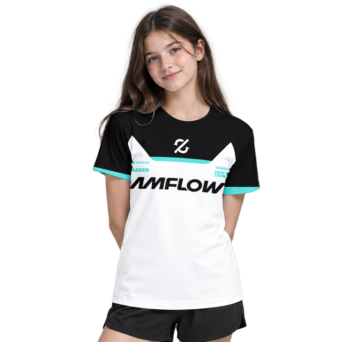 AMFlow MTB White Black Aqua Youth Short Sleeve Mountain Bike Jersey – Girl Lifestyle View