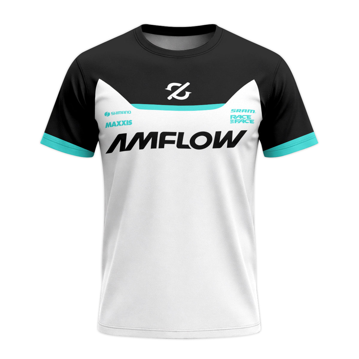 AMFlow MTB White Black Aqua Youth Short Sleeve Mountain Bike Jersey – Front View Mockup