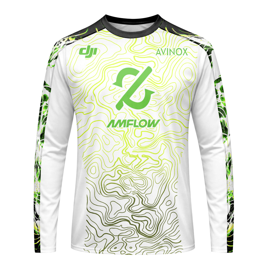 AMFlow MTB White Neon Green Topographic Youth Long Sleeve Mountain Bike Jersey – Front View Mockup