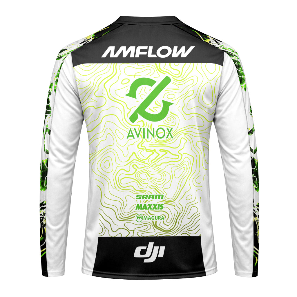 AMFlow MTB White Neon Green Topographic Youth Long Sleeve Mountain Bike Jersey – Back View Mockup