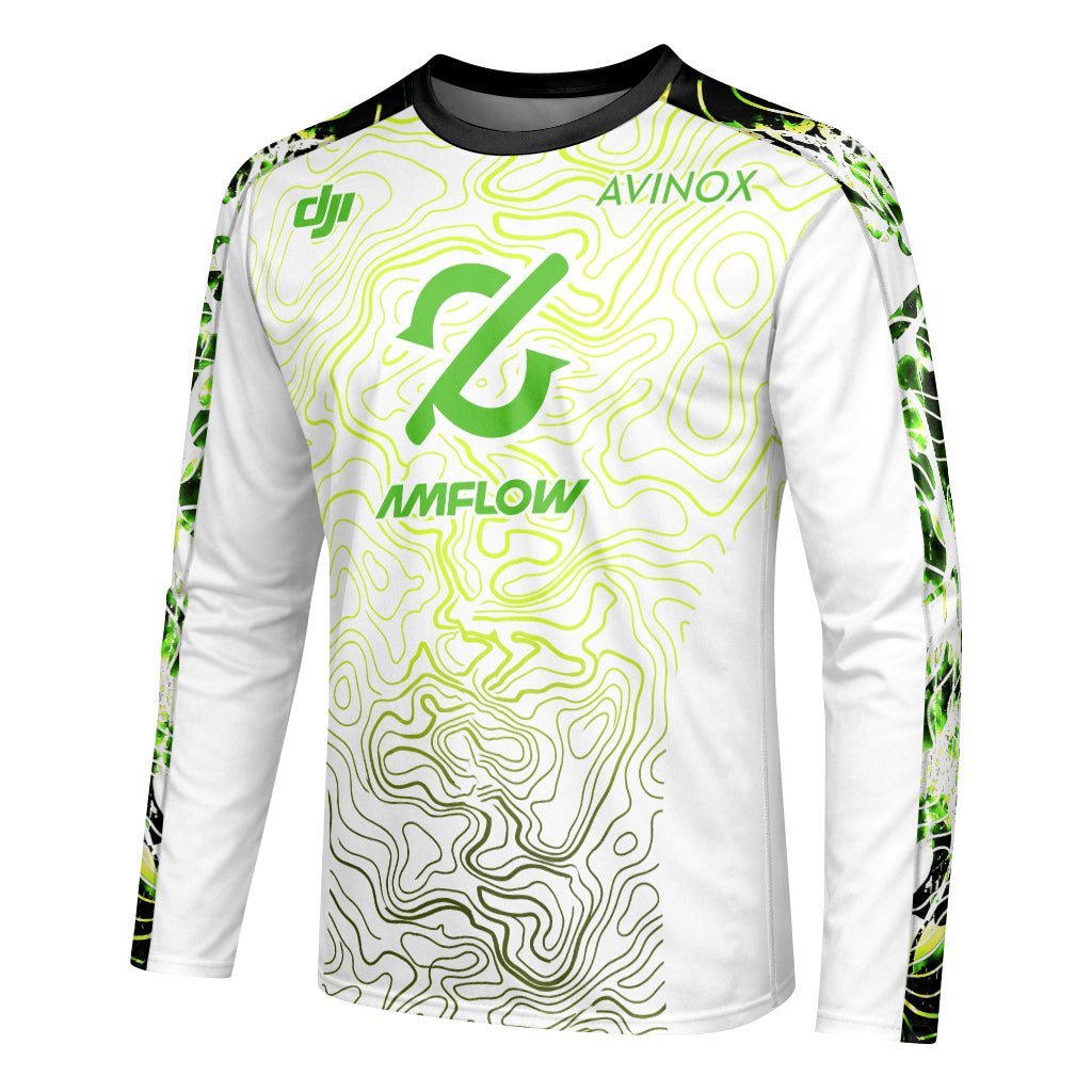 AMFlow MTB White Neon Green Topographic Youth Long Sleeve Mountain Bike Jersey – Left Side View Mockup