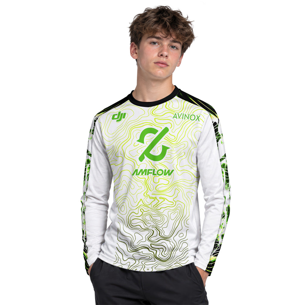 AMFlow MTB White Neon Green Topographic Youth Long Sleeve Mountain Bike Jersey – Boy Lifestyle View
