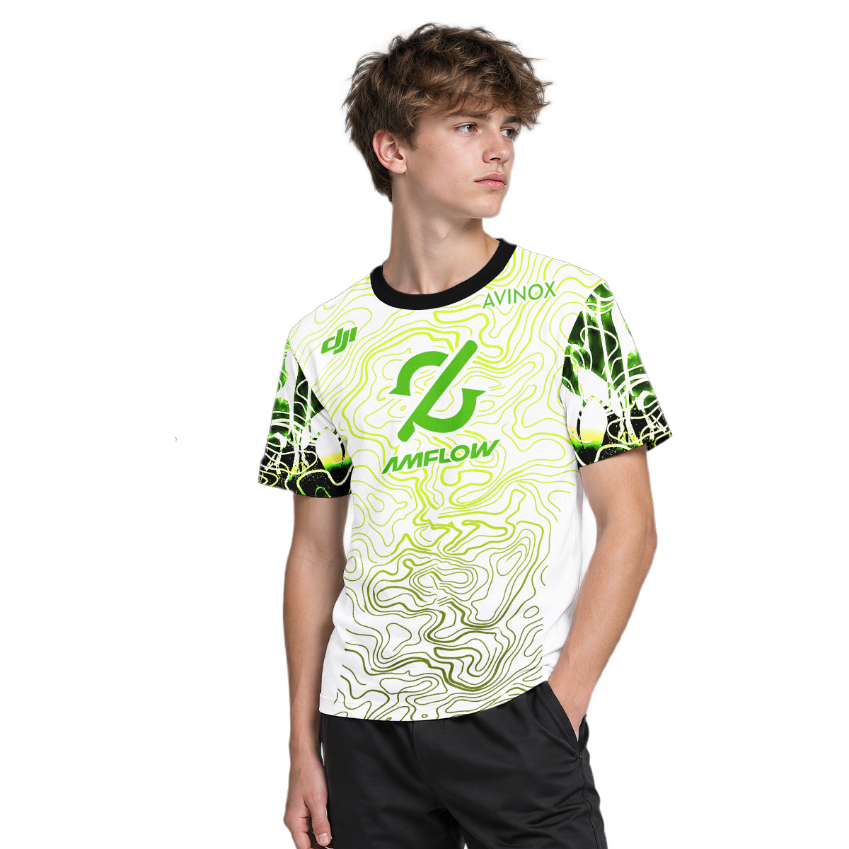 AMFlow MTB White Neon Green Topographic Youth Short Sleeve Mountain Bike Jersey – Boy Lifestyle View