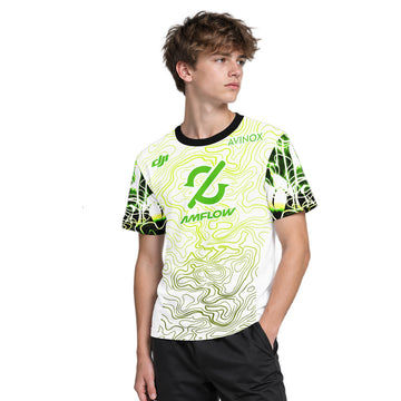 AMFlow MTB White Neon Green Topographic Youth Short Sleeve Mountain Bike Jersey – Boy Lifestyle View