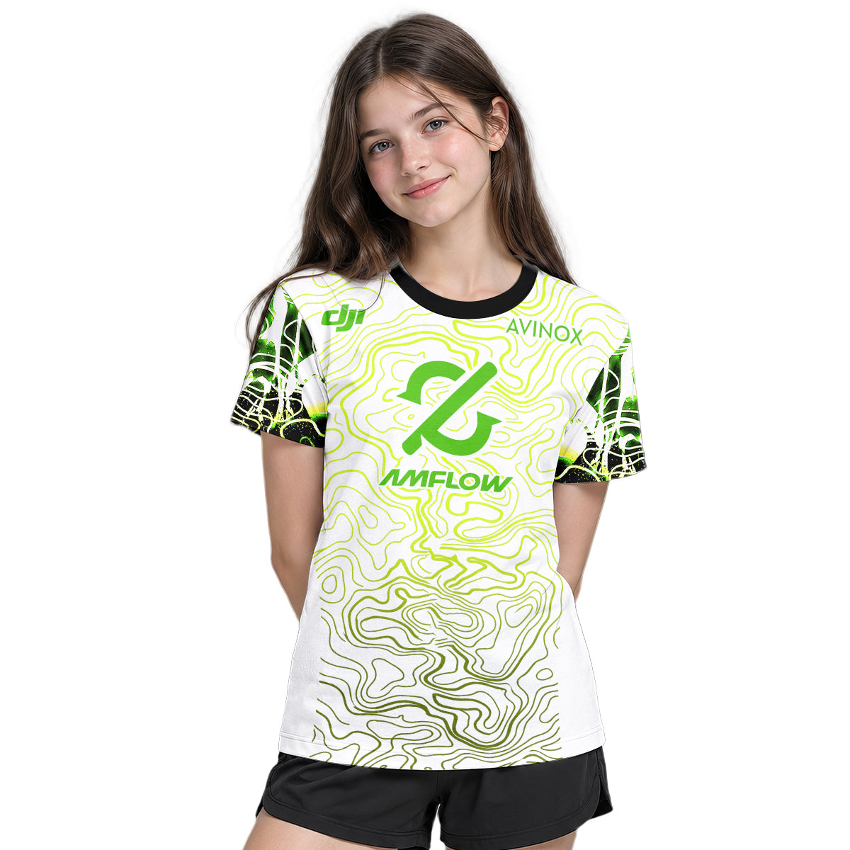 AMFlow MTB White Neon Green Topographic Youth Short Sleeve Mountain Bike Jersey – Girl Lifestyle View
