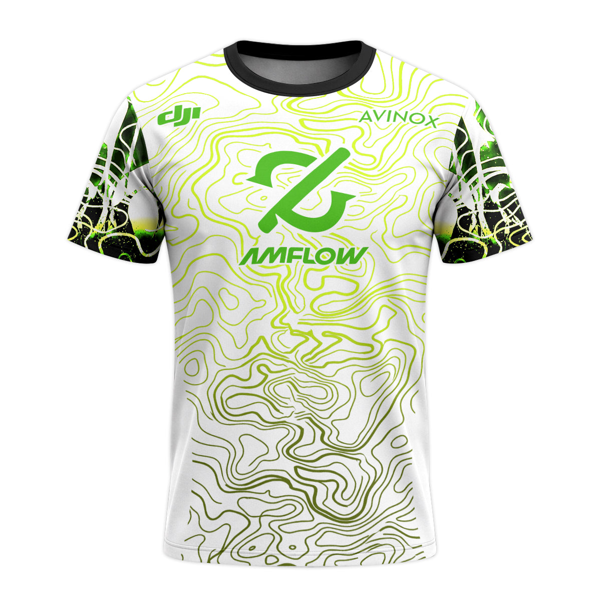 AMFlow MTB White Neon Green Topographic Youth Short Sleeve Mountain Bike Jersey – Front View Mockup