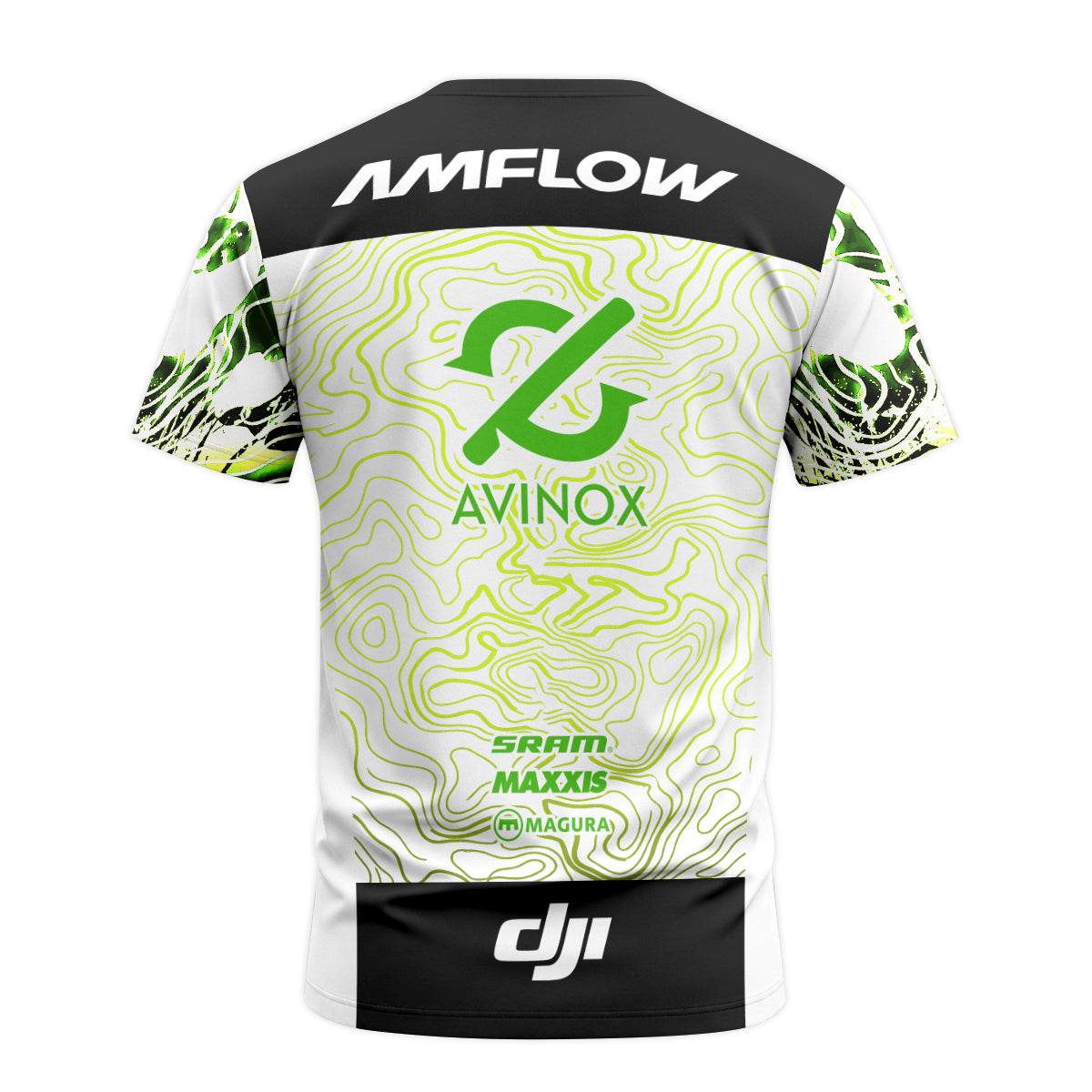AMFlow MTB White Neon Green Topographic Youth Short Sleeve Mountain Bike Jersey – Back View Mockup