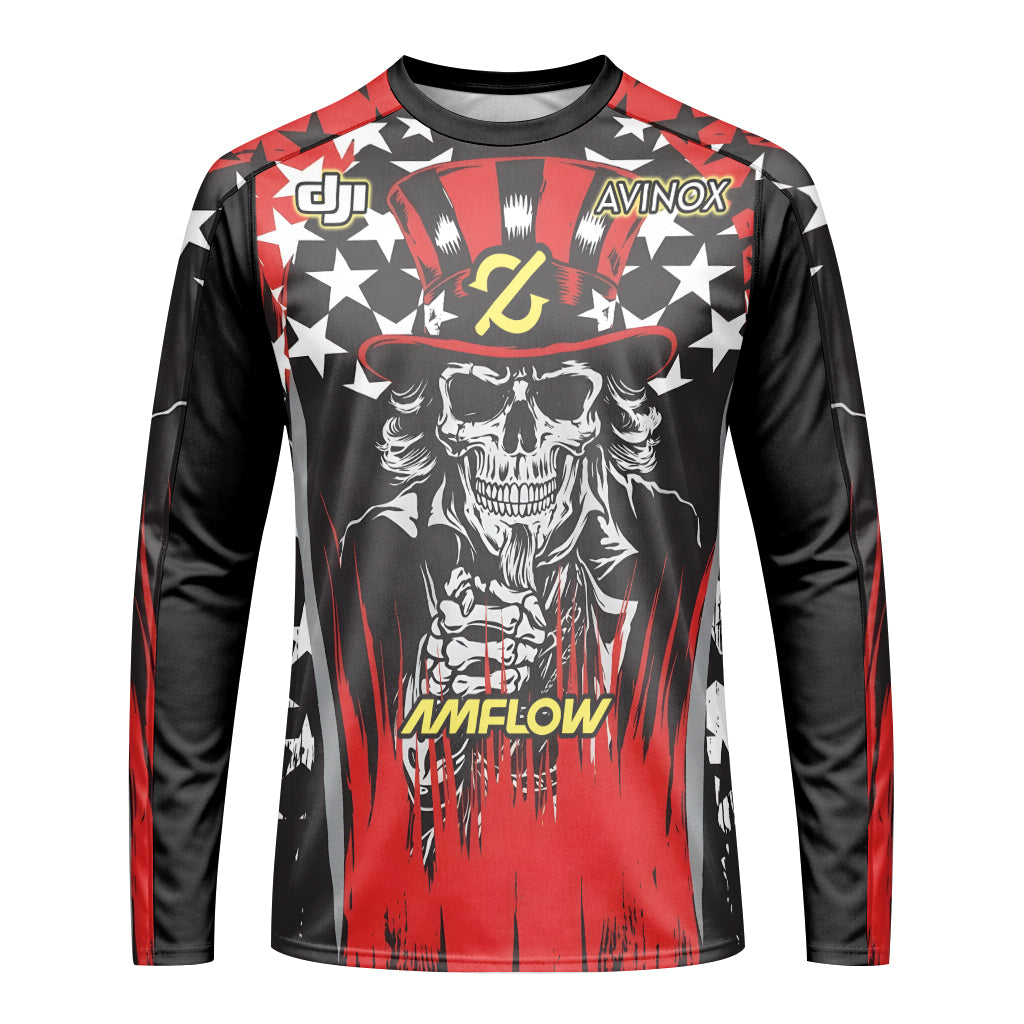 Amflow Patriotic Cowboy Skull Red Black Long Sleeve Mountain Bike Jersey – Front View Mockup