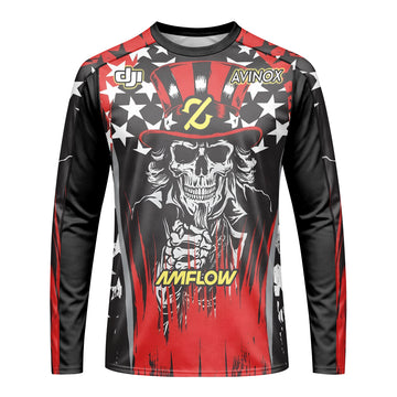 Amflow Patriotic Cowboy Skull Red Black Long Sleeve Mountain Bike Jersey – Front View Mockup